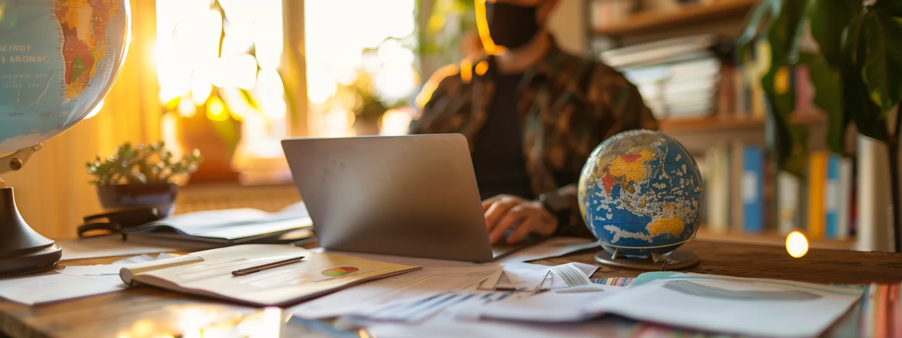 a person sitting at a desk surrounded by paperwork, with a laptop open and a globe in the background, alluding to finalizing health insurance for a digital nomad lifestyle.