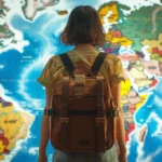 a traveler with a suitcase covered in colorful destination stickers stands in front of a world map, ready to embark on a new adventure.