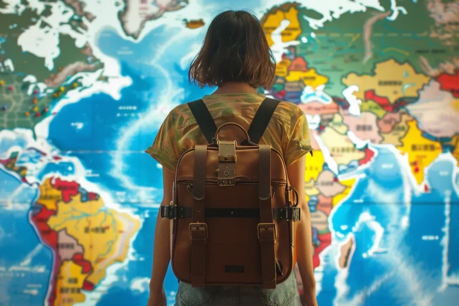 a traveler with a suitcase covered in colorful destination stickers stands in front of a world map, ready to embark on a new adventure.