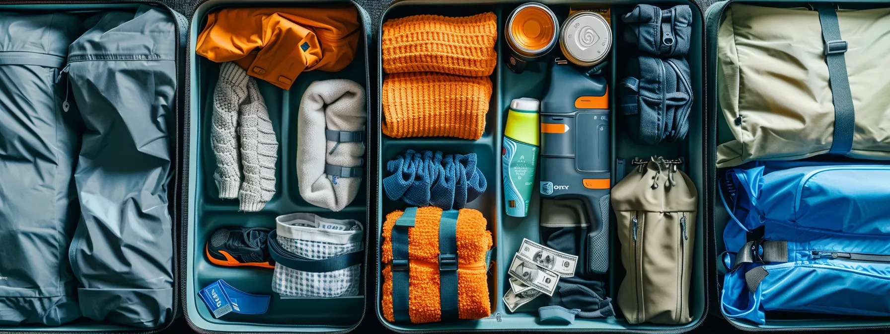 a neatly organized suitcase with lightweight, quick-dry fabrics and multi-functional garments packed efficiently alongside a compression bag filled with bulky items, creating space for travel essentials like cash and a stainless steel water bottle.