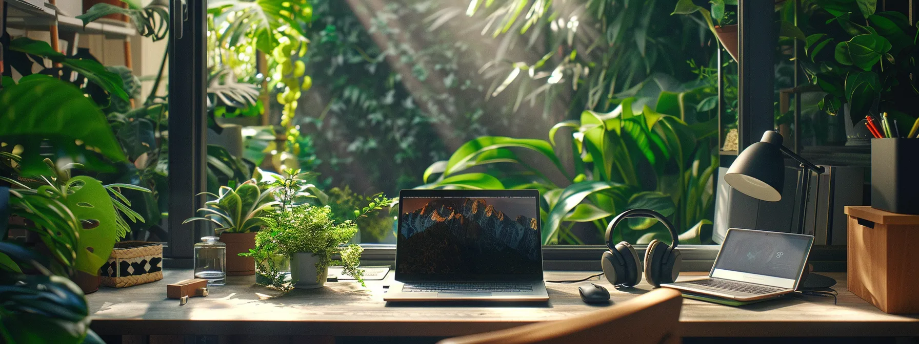 a sleek, organized workspace with a laptop, smartphone, and wireless headphones, surrounded by green plants, natural light, and a cozy ergonomic chair.