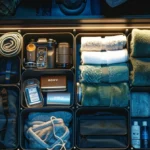 a neatly organized suitcase with rolled-up clothes, travel accessories, and toiletries all fitting perfectly inside, ready for a long-term journey.