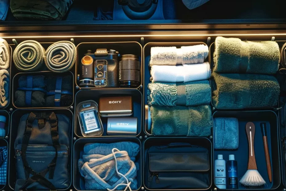 a neatly organized suitcase with rolled-up clothes, travel accessories, and toiletries all fitting perfectly inside, ready for a long-term journey.