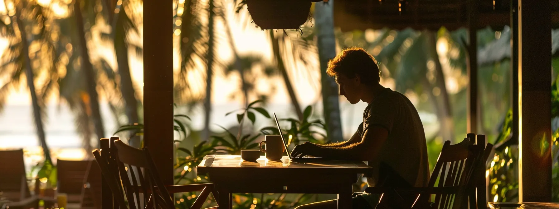 a digital nomad working on a laptop in a serene beachfront setting, representing the freedom and flexibility of global nomad visas.