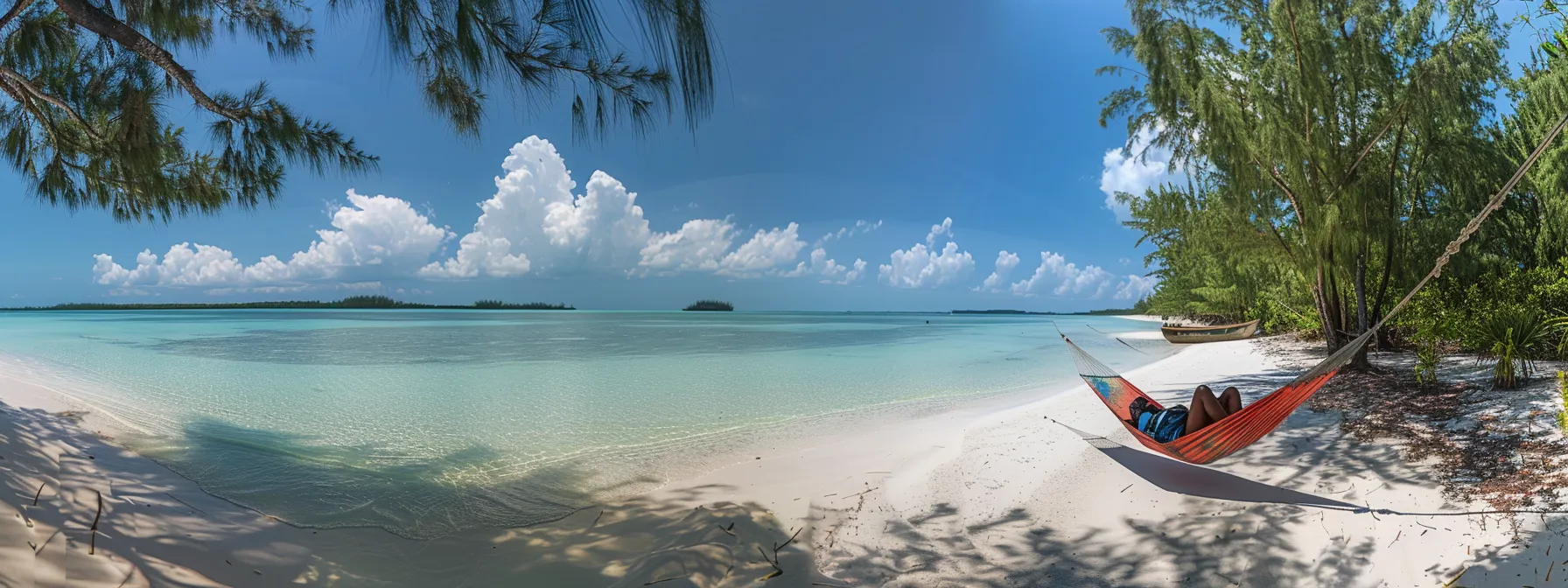 a traveler lounging in a hammock on a pristine white sand beach, surrounded by crystal clear turquoise waters and lush green palm trees.