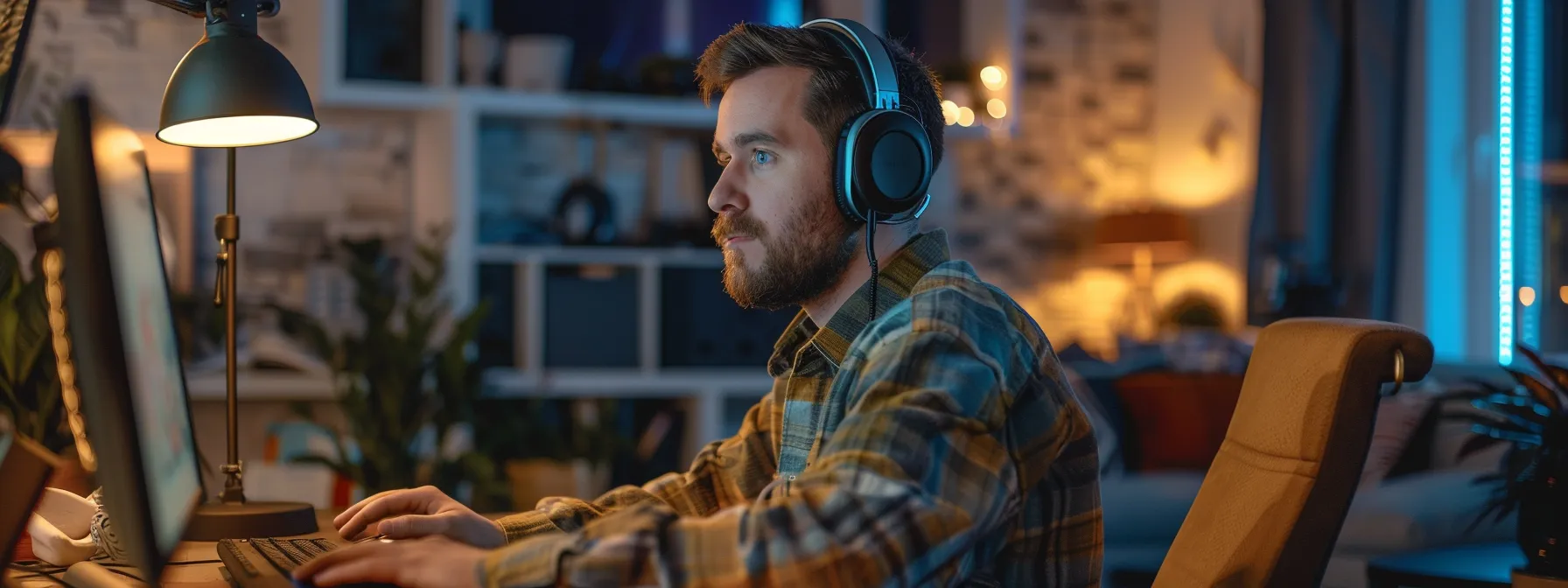 a digital nomad sitting at a sleek desk, wearing noise-canceling headphones, speaking into a high-quality microphone, with a professional webcam capturing their focused expression during a virtual meeting.