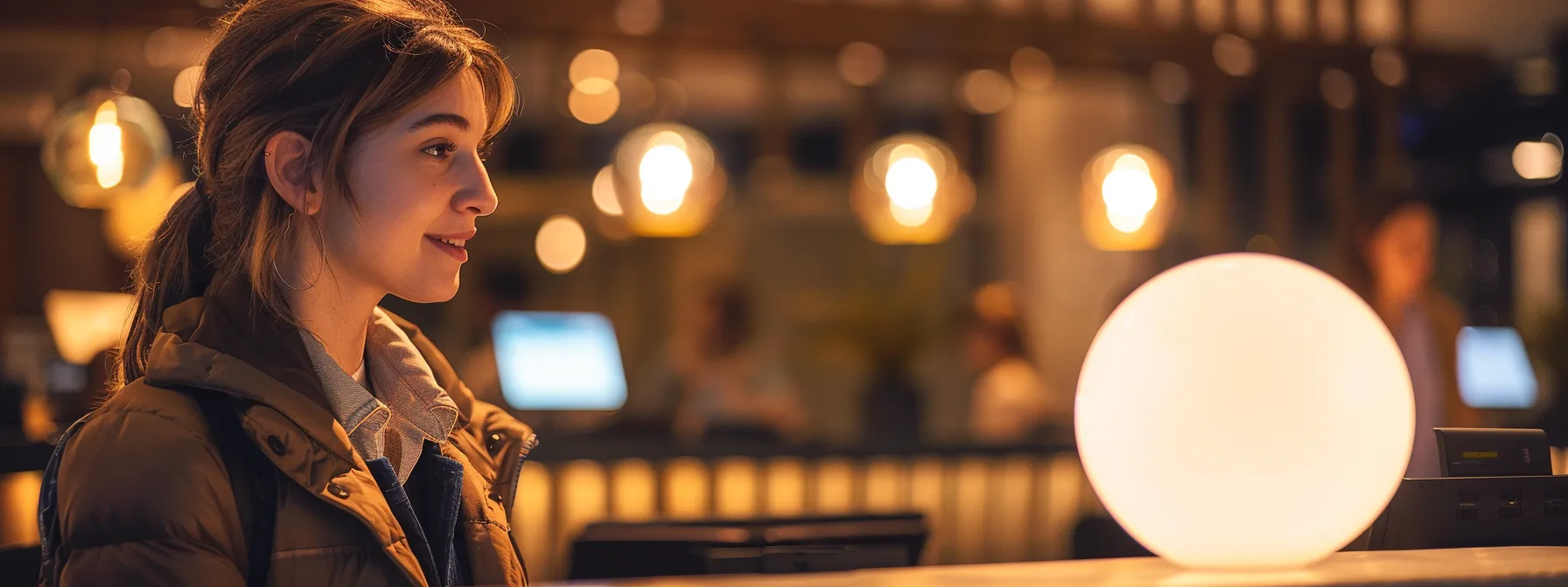 a traveler confidently chats with a lounge receptionist, inquiring about alternative access options with a determined look on their face.