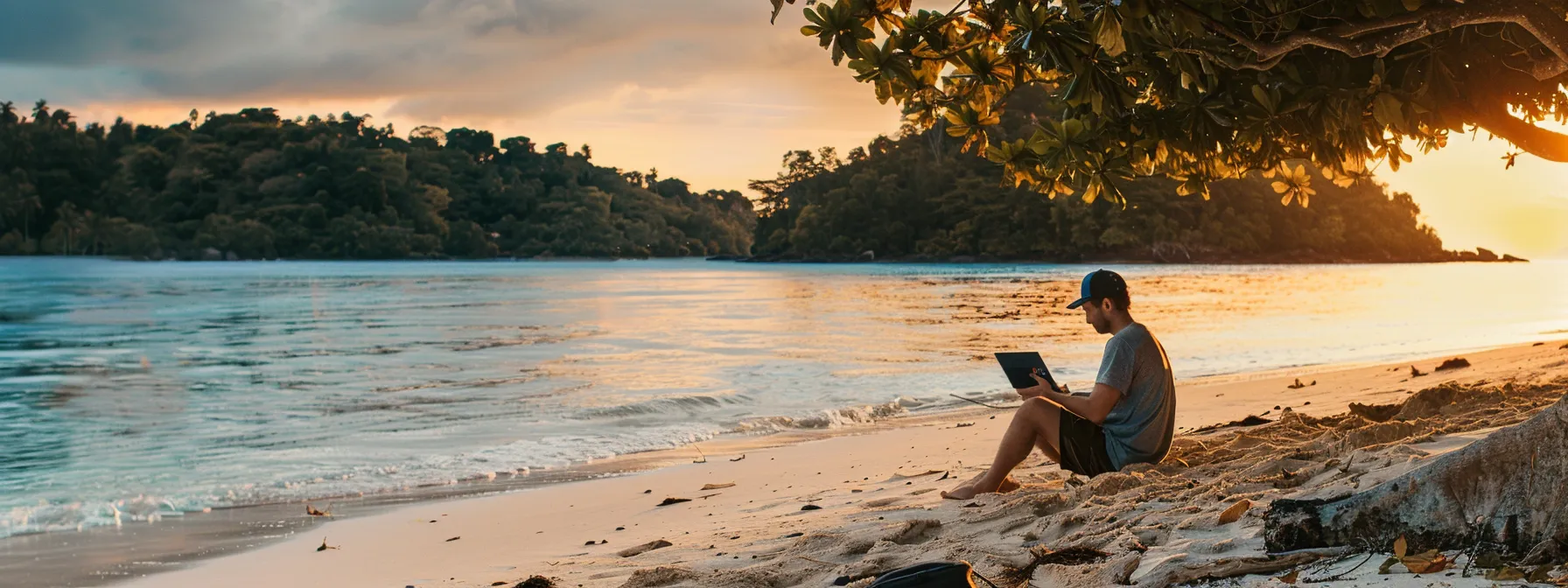 a digital nomad working in a picturesque beach setting, with a portable wi-fi hotspot and smartphone tethering for reliable internet access while surrounded by the beauty of nature.