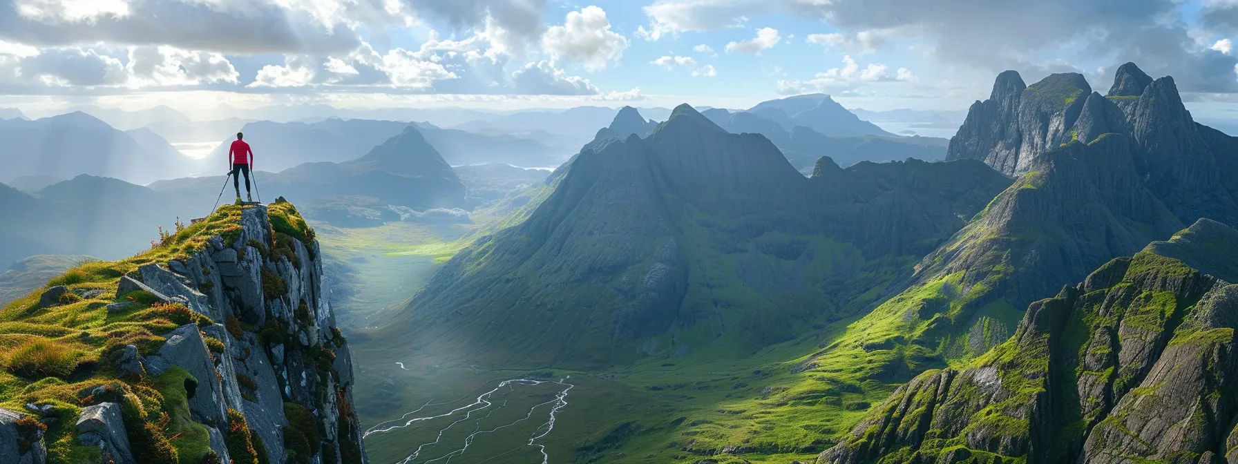 a person standing on a mountain peak overlooking a vast, challenging terrain, symbolizing the need to assess coverage for adventure activities and sports when selecting travel insurance.