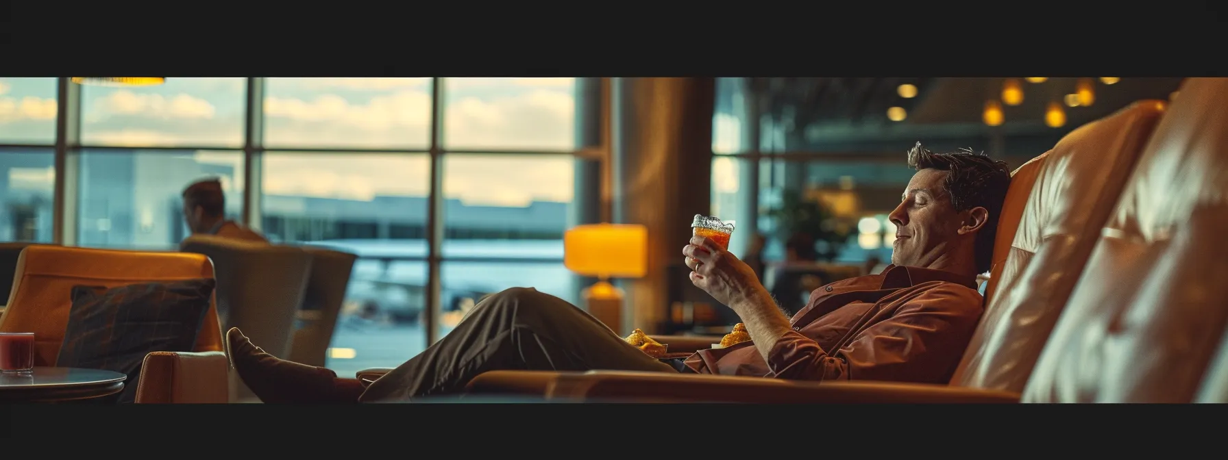 a traveler relaxing in a plush airport lounge, enjoying complimentary food and drink while waiting for their international flight.