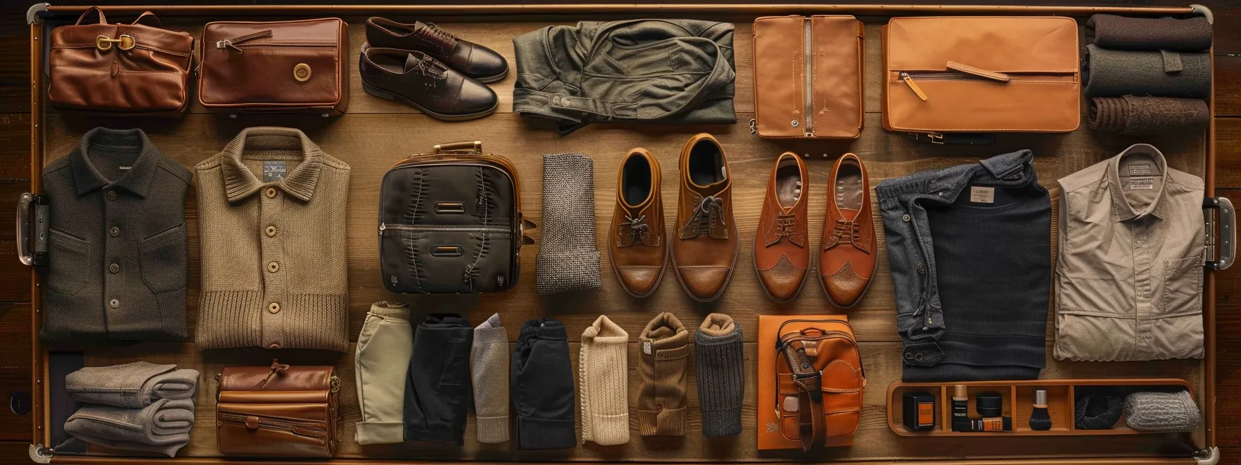 a neatly arranged suitcase with carefully selected versatile clothing items, essential pairs of shoes, and travel necessities laid out on a table, ready for packing.