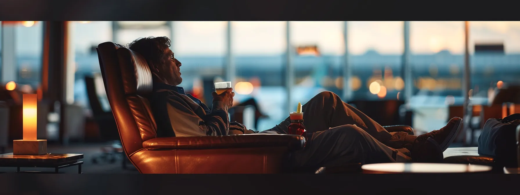 a traveler sitting comfortably in a plush, exclusive airport lounge, sipping a cocktail and enjoying the upscale amenities.