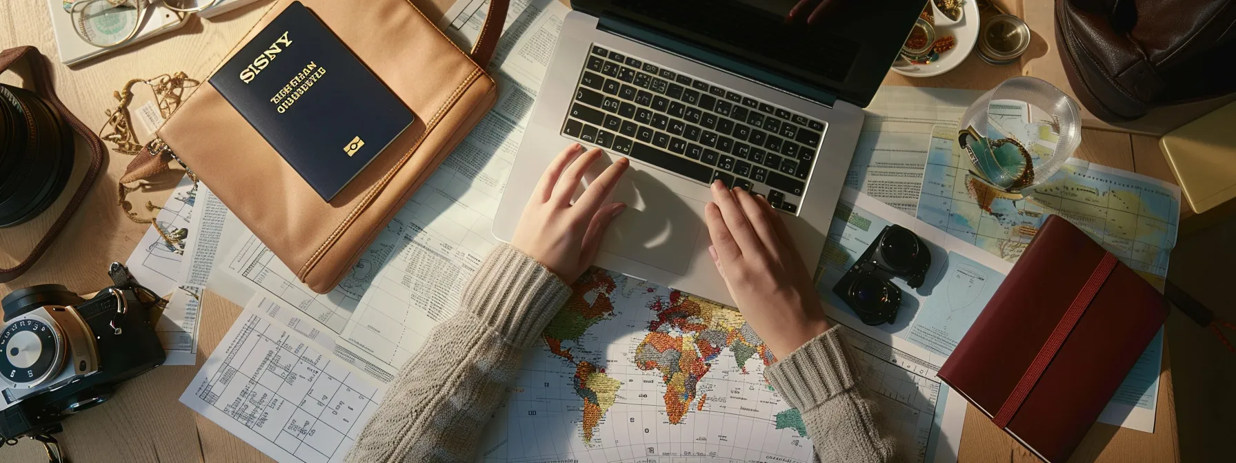 a person meticulously comparing health insurance plans on a laptop, surrounded by travel essentials like a passport and map, showcasing the thoughtful consideration of costs for a digital nomad.