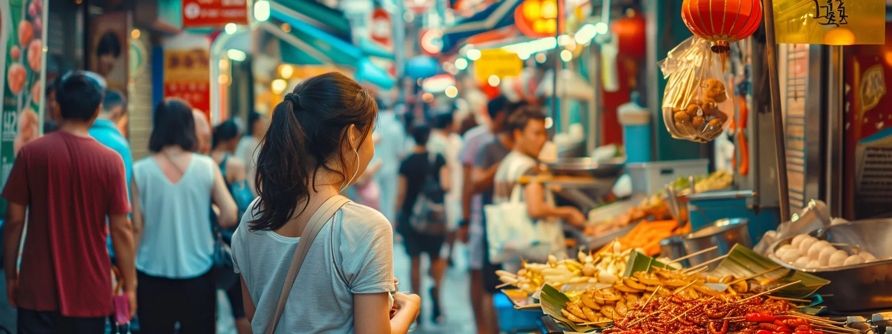 a traveler happily sampling street food from a bustling local market, surrounded by vibrant colors and enticing aromas.