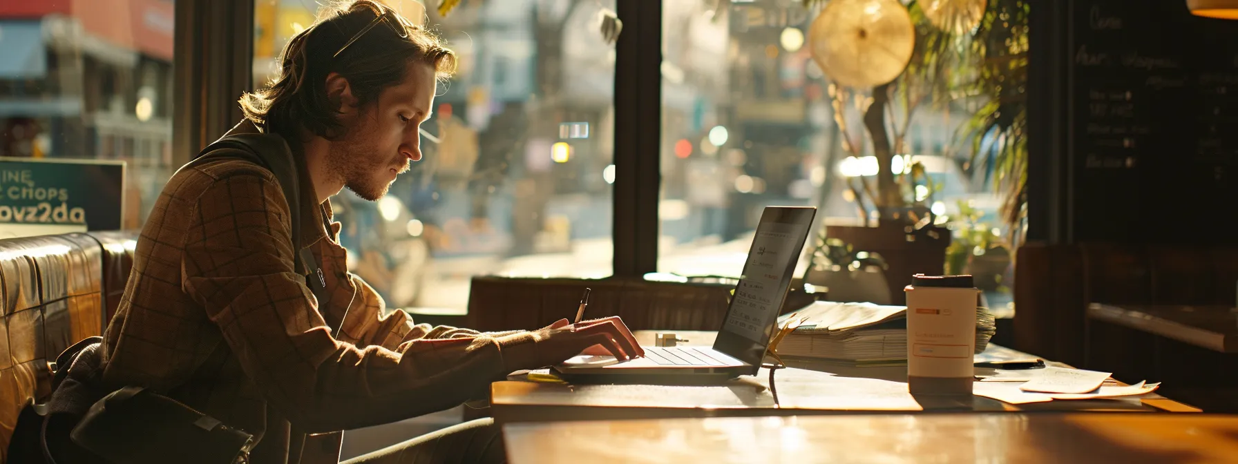 a traveler sitting at a cafe table with a laptop, setting up account alerts on their online banking profile while surrounded by a map and travel essentials.