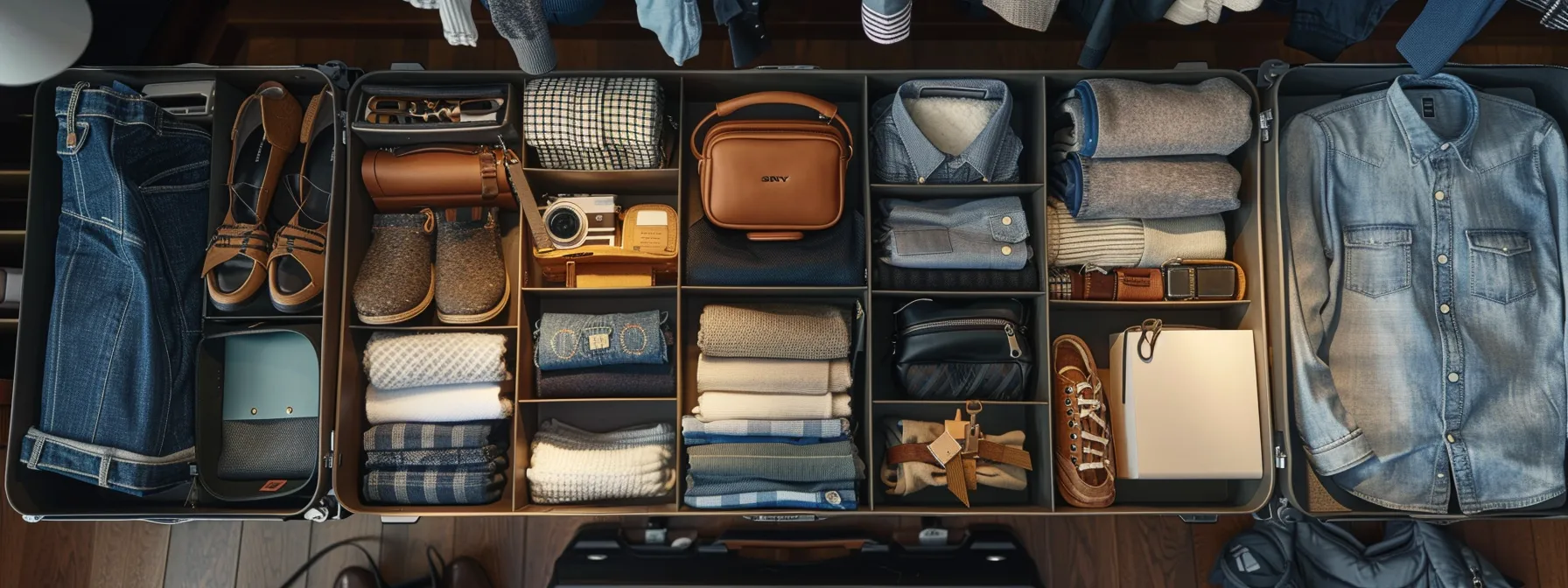 a neatly organized suitcase with perfectly folded clothes, shoes filled with small items, and essential travel gear neatly packed for efficient and space-saving travel.