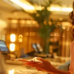 a smiling traveler receiving a luxurious welcome gift at a hotel check-in counter.