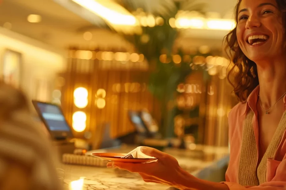 a smiling traveler receiving a luxurious welcome gift at a hotel check-in counter.