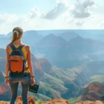 a woman standing on a mountaintop overlooking a vast, breathtaking landscape with a passport in hand and a smile on her face.