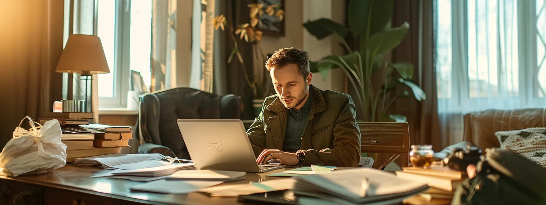 a traveler sitting at a desk surrounded by paperwork, passport, and laptop, preparing to apply for a global nomad visa.