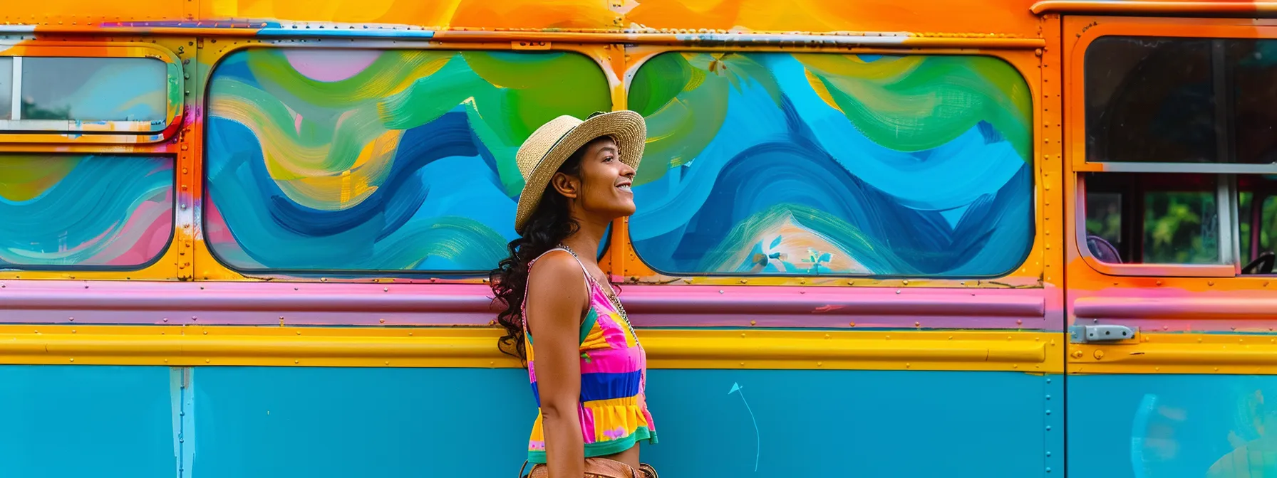 a traveler standing in front of a colorful bus, ready to explore affordable transportation options.