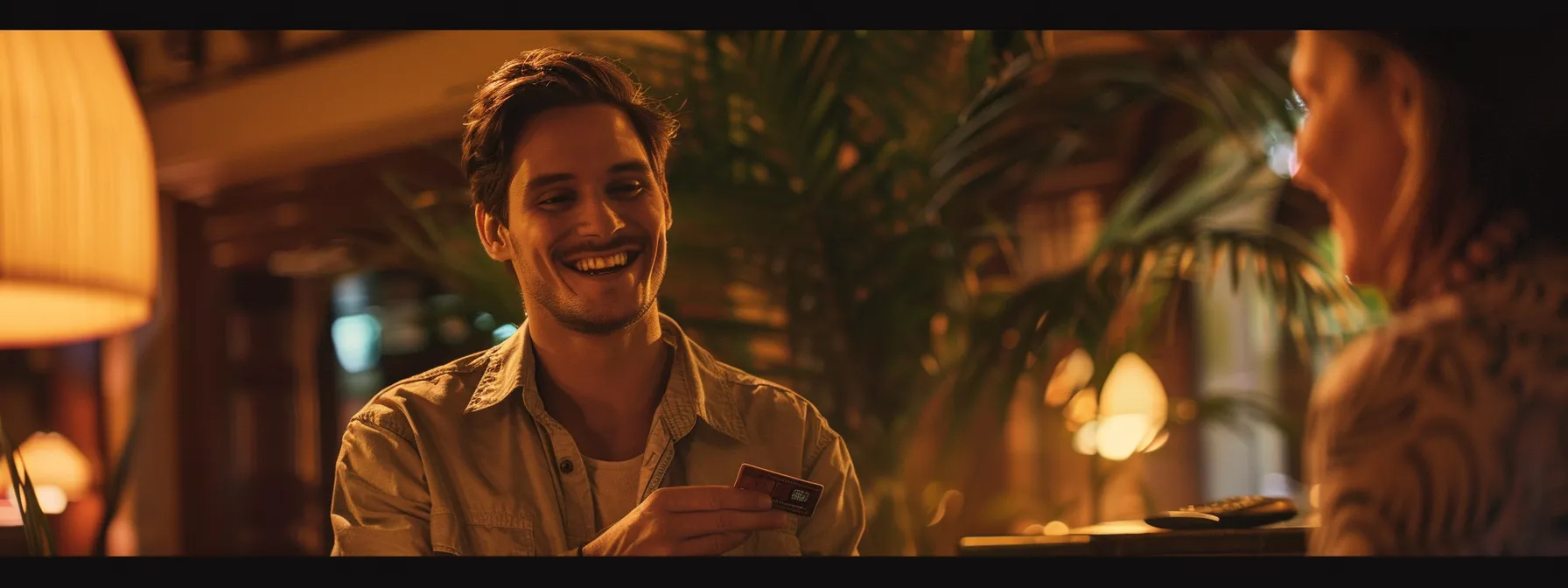 a traveler receiving a keycard from a hotel employee with a bright smile, symbolizing the perks and benefits of a hotel loyalty program.