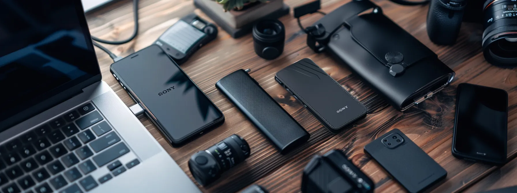 a sleek, high-capacity power bank nestled among a collection of essential travel gadgets on a desk, ready to keep you charged while working remotely.