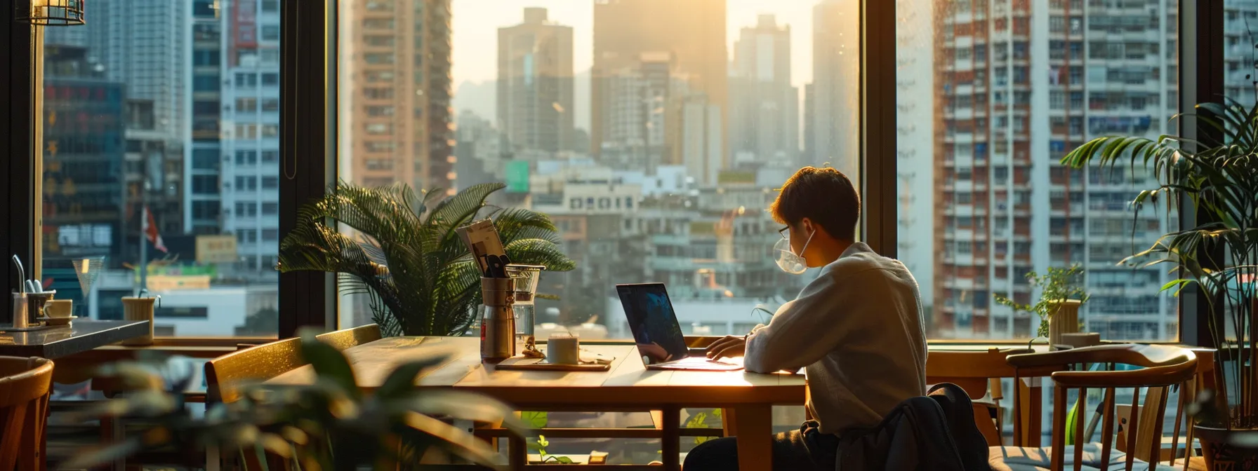 a person sitting at a cozy cafe table, working on a laptop with a city skyline visible through the window, showcasing a perfect global nomad visa destination.