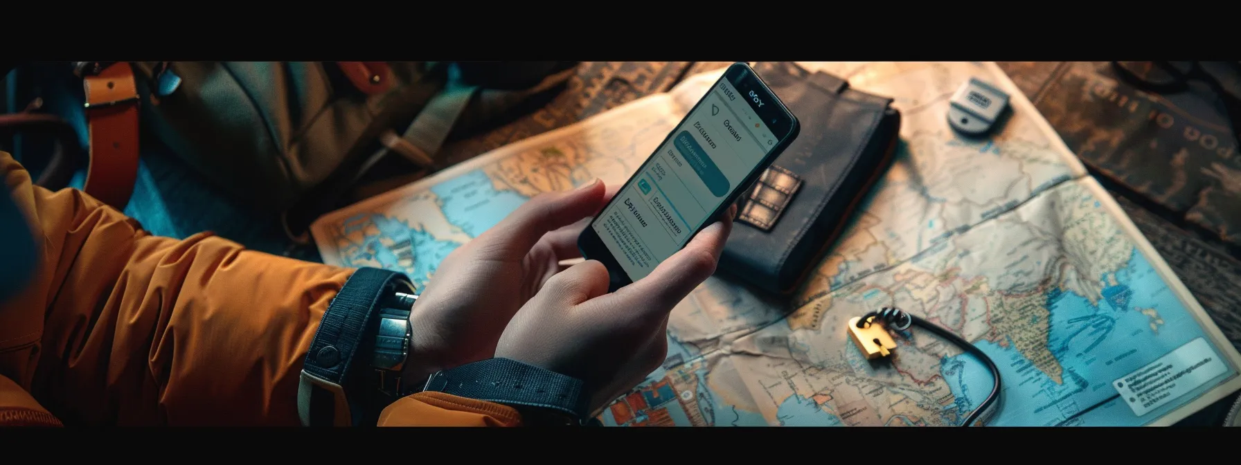 a traveler using a smartphone with a budget app, surrounded by a secure lock and key, passport, and map.