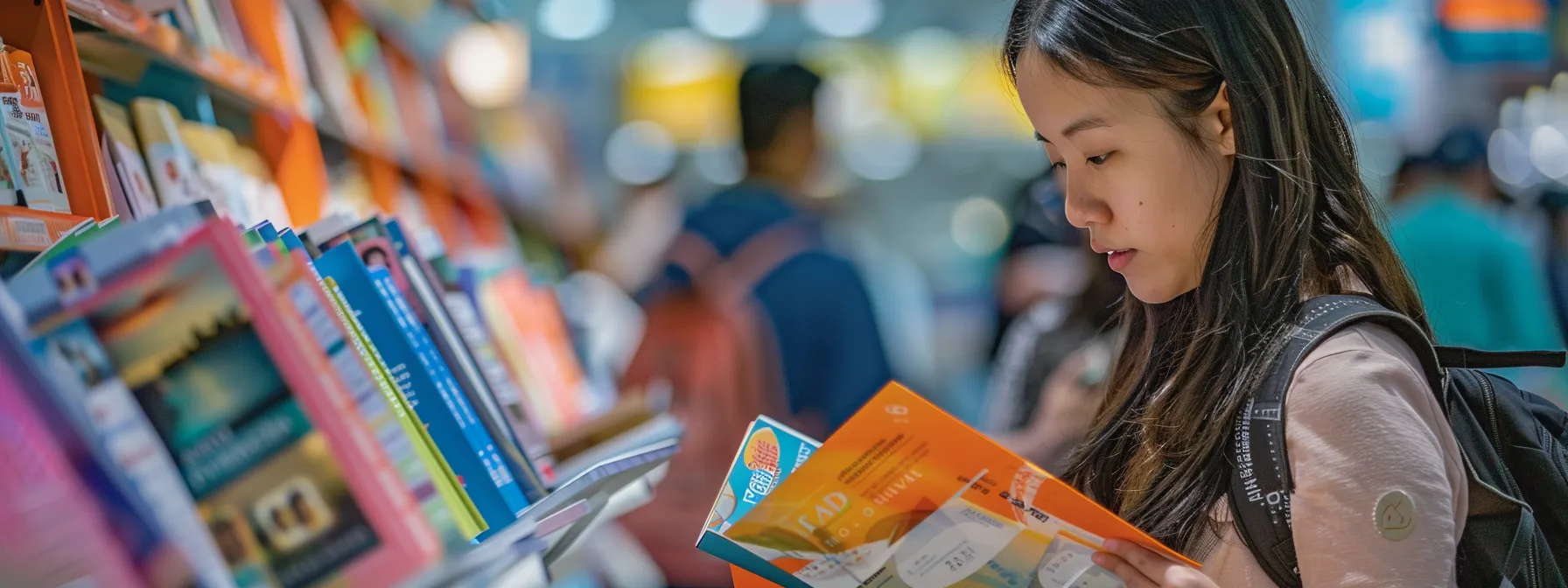 a traveler browsing through a colorful array of insurance brochures, comparing prices and coverage options, with a look of determination on their face.