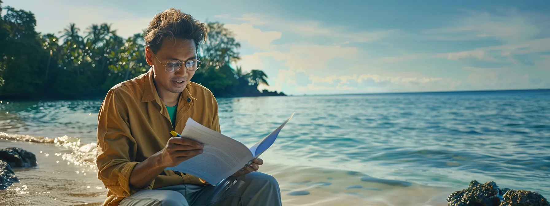 a traveler confidently reviewing their insurance documents with a peaceful beach backdrop.