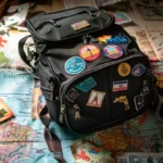 a backpack adorned with colorful patches and stickers sits atop a well-worn world map, surrounded by a jumble of travel guides and currency from around the globe.