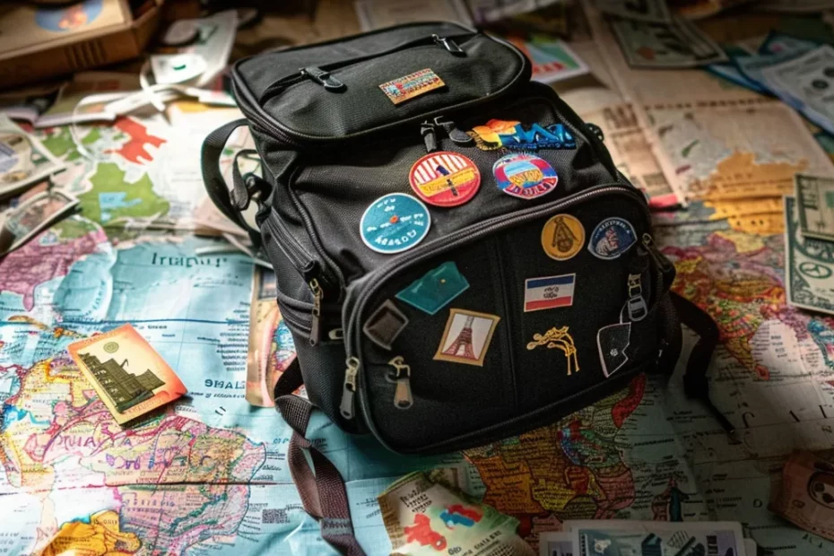 a backpack adorned with colorful patches and stickers sits atop a well-worn world map, surrounded by a jumble of travel guides and currency from around the globe.