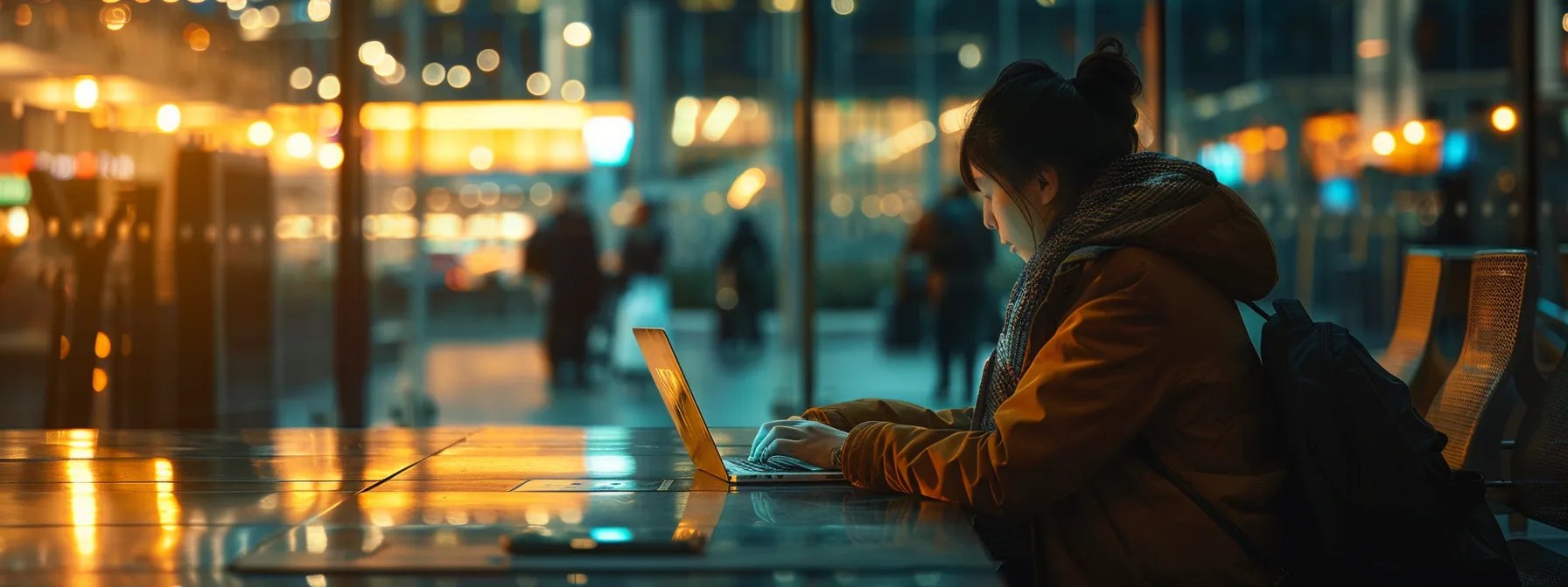 a person using a laptop in a bustling airport, with a visible vpn connected for secure online banking while traveling.