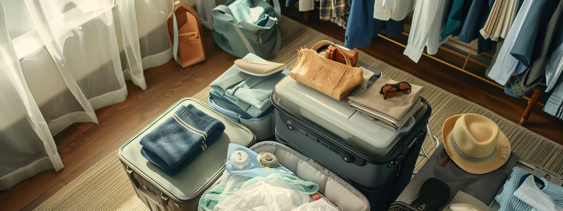 a neatly packed suitcase with separate laundry bag and souvenirs organized for travel.