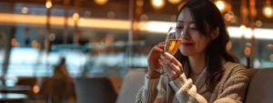 Ein Reisender genießt es, in einer luxuriösen Flughafen-Lounge zu sitzen und mit einem heiteren Lächeln im Gesicht ein Glas Champagner zu schlürfen.