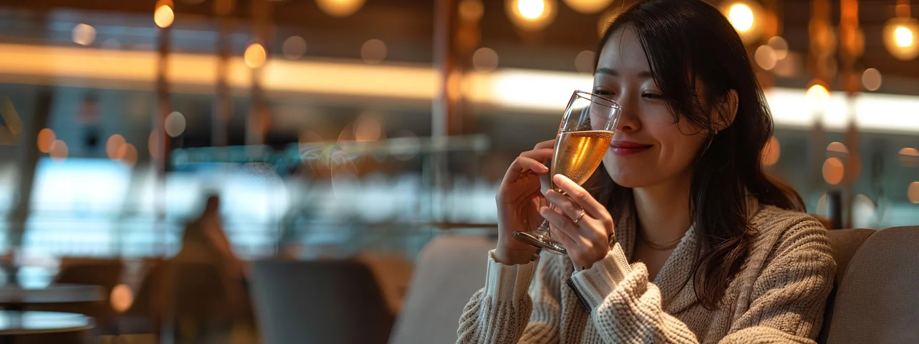 a traveler enjoying a luxurious airport lounge, sipping a glass of champagne with a serene smile on their face.