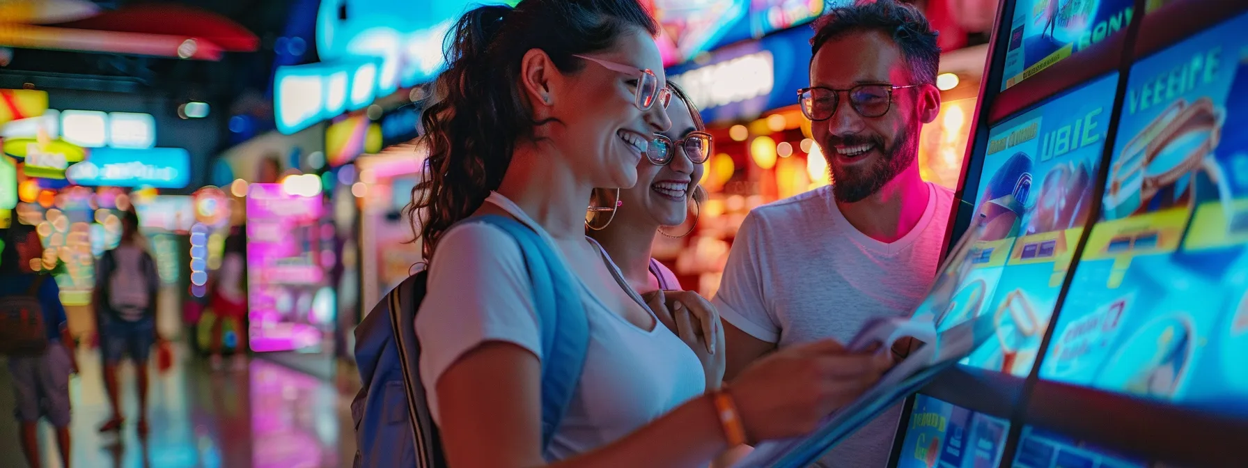 a couple excitedly booking a travel insurance plan surrounded by promotional offer signs in a travel agency.