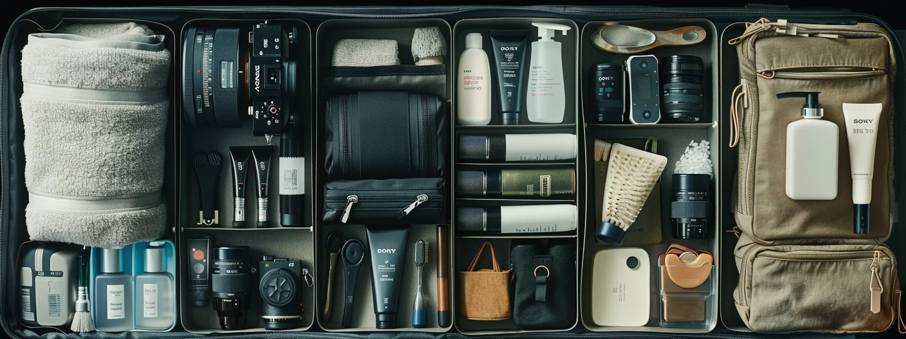 a neatly organized suitcase with travel-sized toiletries and multi-purpose accessories neatly packed, maximizing suitcase space for essential items like photography gear and cotton trousers.