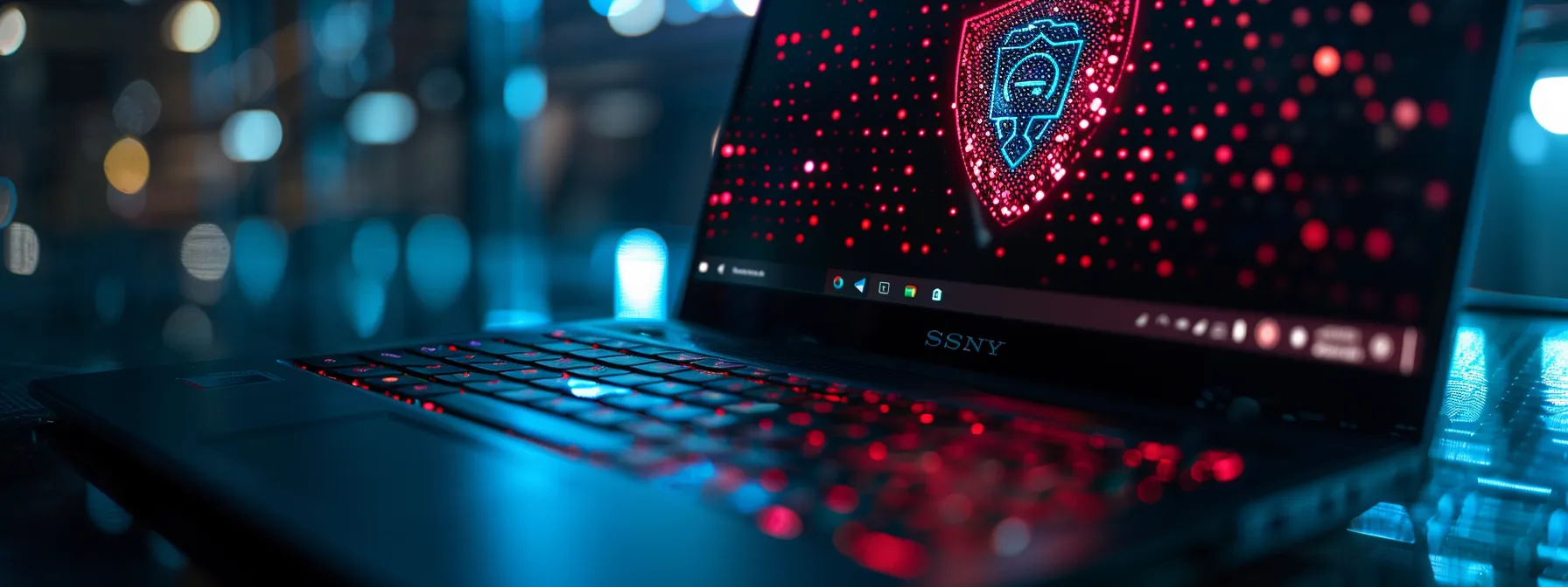 a secure laptop with a complex password and fingerprint scanner displays a shield symbolizing protection against cyber threats.