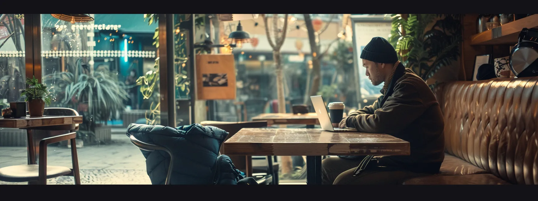 a traveler sitting at a cafe table, confidently viewing a secure banking website on their laptop while sipping coffee and using a private wi-fi network.