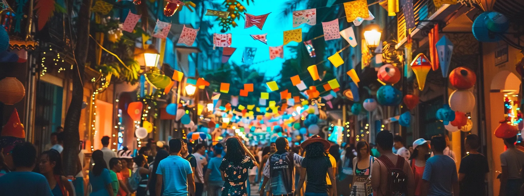 capturing a vibrant street festival with colorful decorations and performers, showcasing unique cultural experiences on a budget.