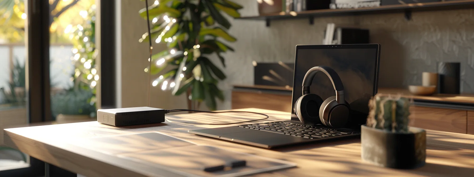 a sleek laptop, noise-cancelling headphones, and a portable wi-fi device arranged neatly on a modern desk, ready for a digital nomad's workday.