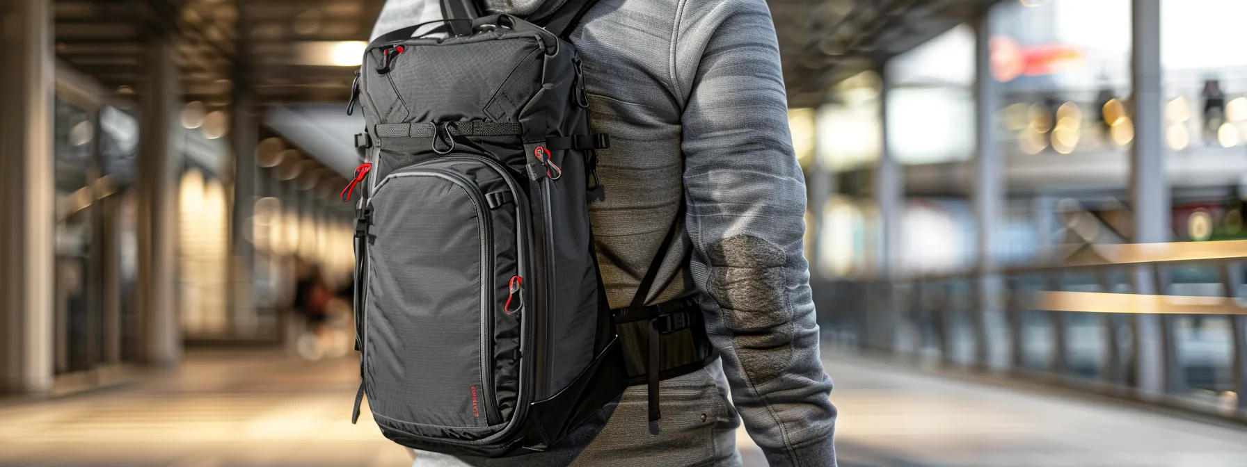 a sleek, modern backpack with designated compartments for gadgets and cables, featuring anti-theft technology and weather-resistant materials, perfect for a digital nomad on the go.