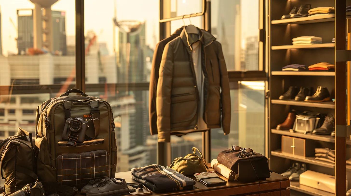 Must-Have Items on Your Digital Nomad Packing List 2 an elegantly organized travel-inspired workspace showcases a curated selection of lightweight, versatile clothing and multifunctional accessories, including a sleek ergonomic backpack and a stylish yet practical jacket, set against a modern city skyline backdrop.