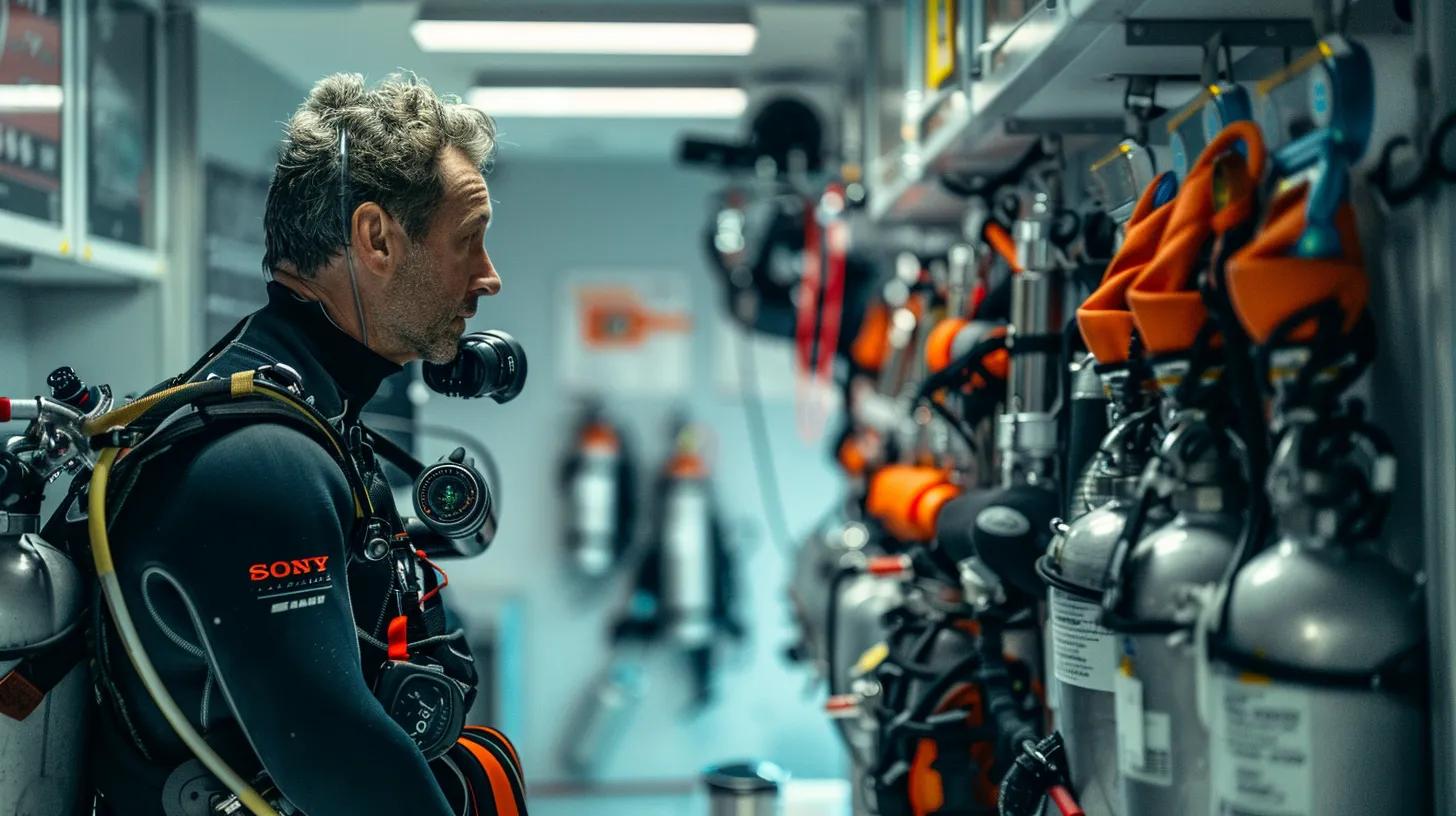 Must-Visit Diving Destinations in South West Asia 11 a confident diver in a sleek wetsuit inspects high-tech diving equipment in a well-lit dive center, surrounded by vibrant safety posters and preparation tools, embodying the spirit of thorough readiness for diverse underwater challenges.