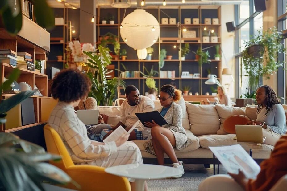a dynamic urban co-working space features a diverse group of professionals engaged in discussions about travel maps and digital devices, symbolizing the strategic planning involved in mastering country hopping through smart visa strategies.