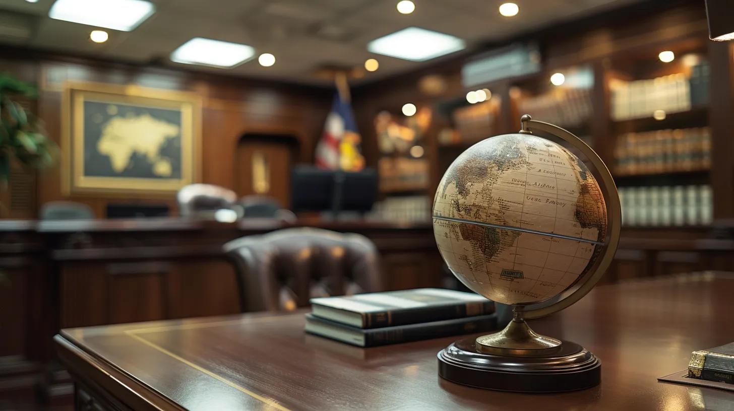Mastering Country Hopping With Effective Visa Strategies 3 a professional office setting features a large, sleek desk with an open laptop displaying tax documents, while an animated globe and legal books symbolize the complexities of international laws and financial obligations associated with country hopping.