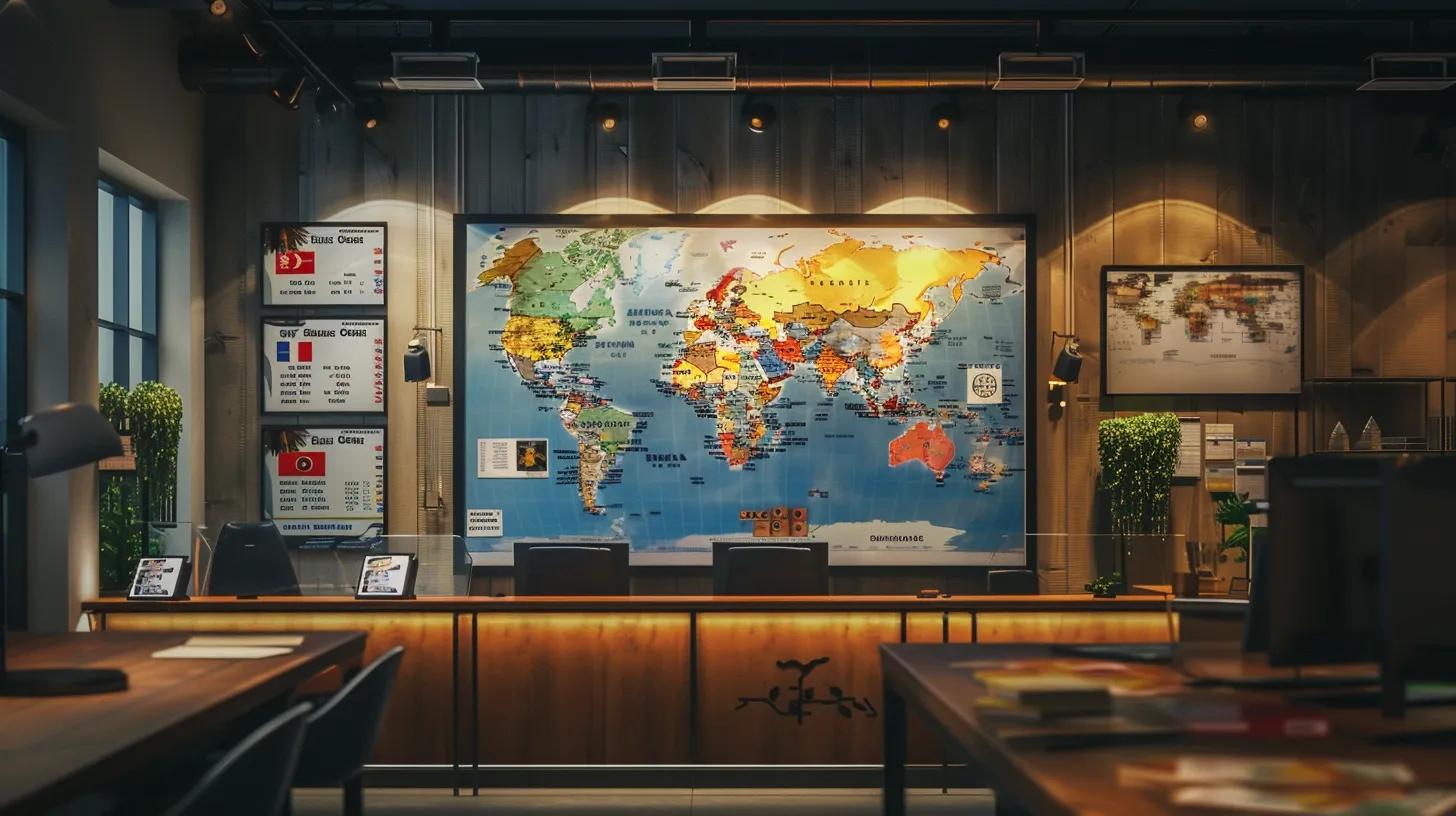 Mastering Country Hopping With Effective Visa Strategies 2 a sleek, modern office workspace featuring a large digital map on the wall, with various country flags pinned next to highlighted visa options, showcasing an organized strategy for seamless international travel.