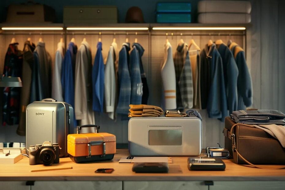 a sleek, organized workspace showcases a minimalist travel packing list, featuring neatly arranged travel essentials like a compact suitcase, versatile clothing items, and tech gadgets against a modern office backdrop, illuminated by bright, focused lighting.